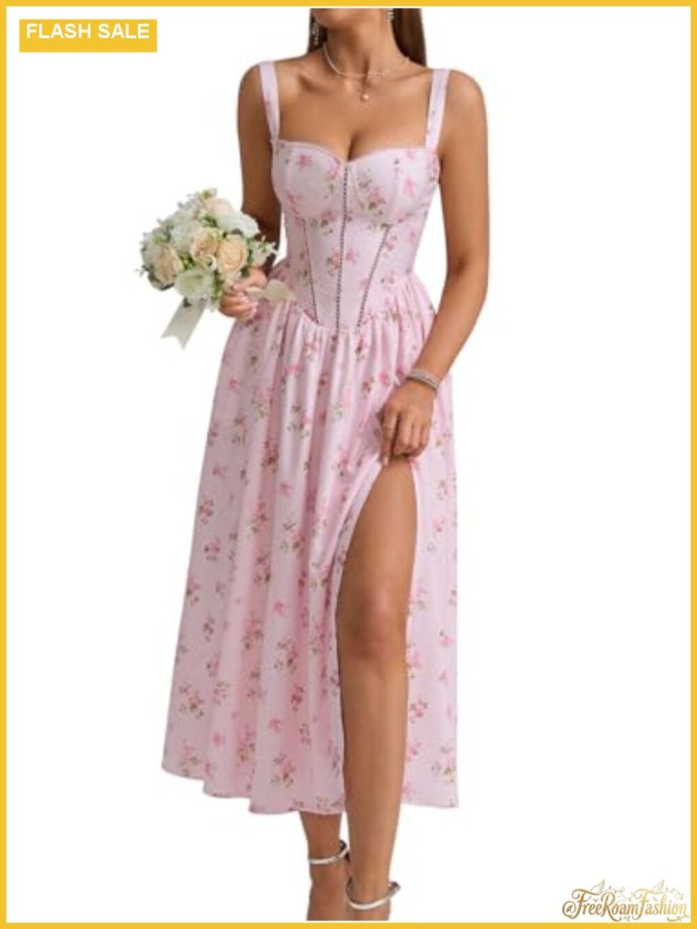 Women's Corset Midi Dress with Pockets Floral Square Neck Smocked